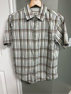 Kirra Men's Short-Sleeve Plaid Pearl snap Shirt in Brown and White